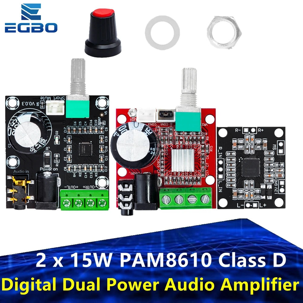 1PCS EGBO Super Slim 2 x 15W PAM8610 Class D Digital Dual Power Audio Amplifier Board 12V black
