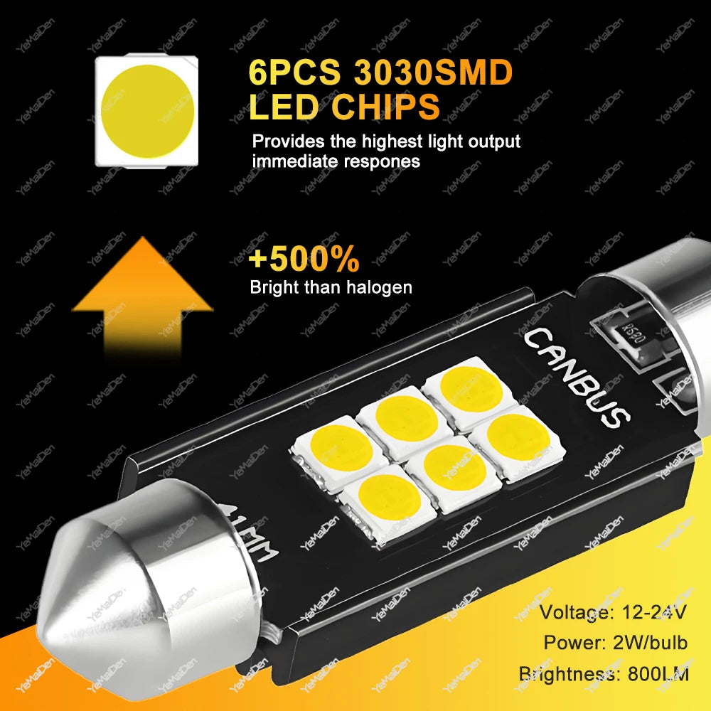 2-20 PCS C10W C5W LED Bulb CANBUS Festoon 31/36/39/41mm 12V 24V 3030-6SMD 6500K White Car Interior Dome License Plate Lights