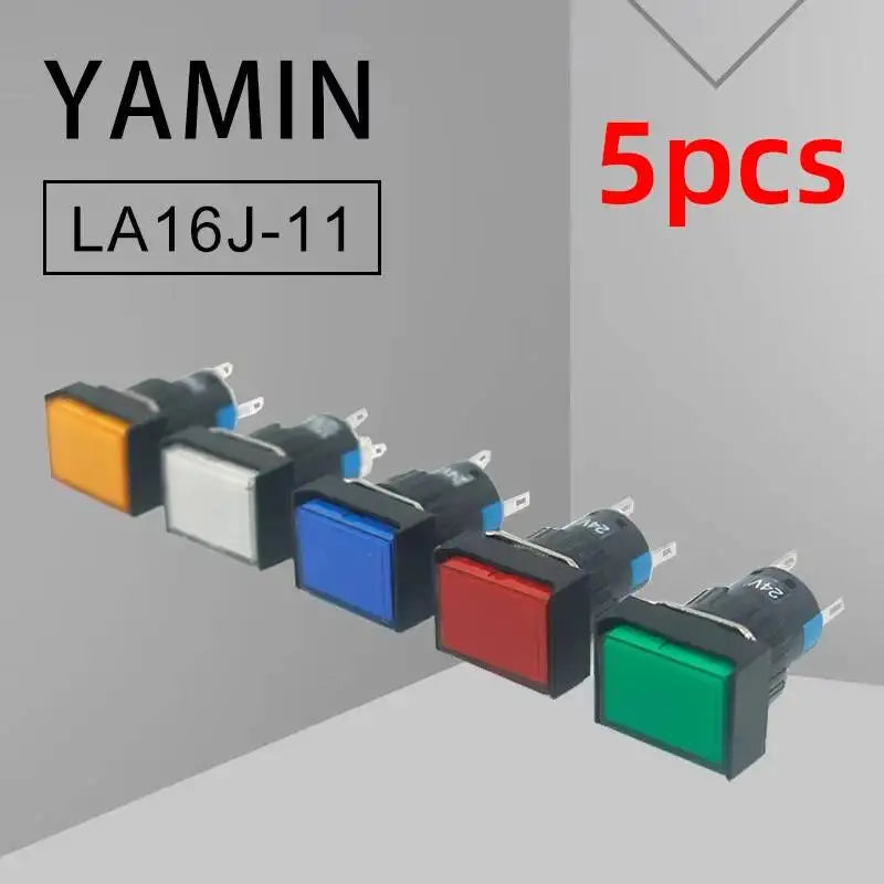 5pcs 16mm Rectangular Power Push Button Switch With Lamp Self Reset Momentary Latching Fixed Lock Five Pin LA16-J-11D LA16-J-11S