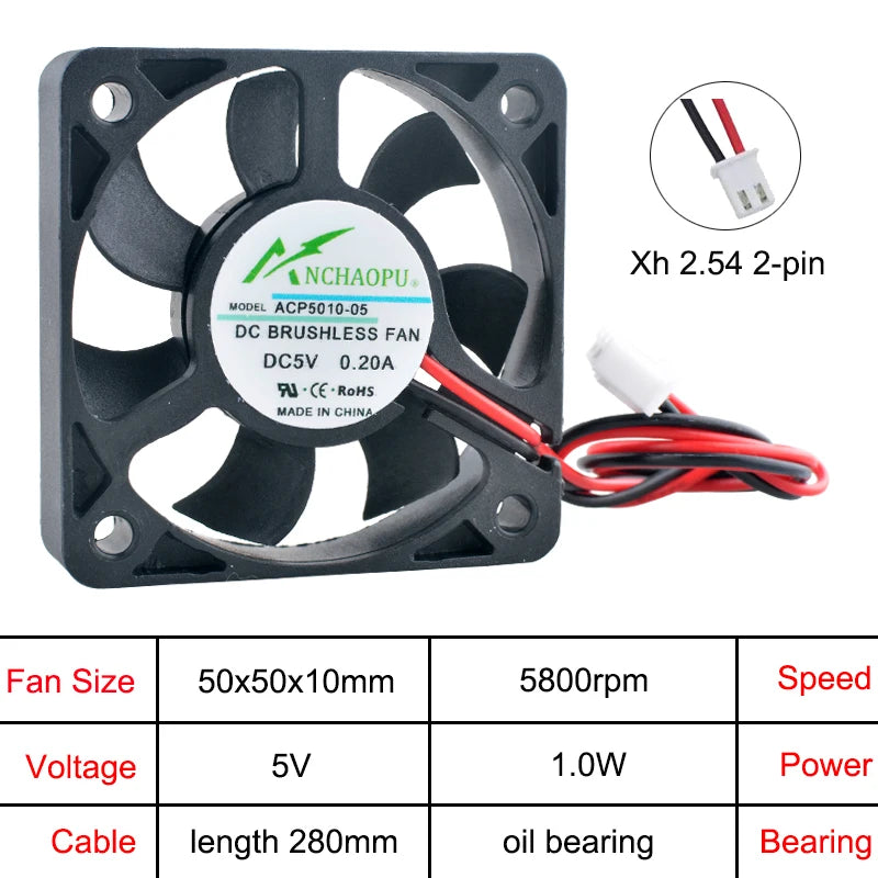 ACP5010 50x50x10mm Axial Cooling Fan 2-Pin DC 5V/12V/24V 50mm for Power Supply Charger Frequency Converter - Computer Case Fans