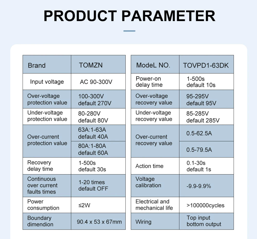 TOMZN TOVPD1-63DK Isolate L N 110V 230V AC Din Rail OVP OCP UVP Voltage Protector 63A Relay Automatic Adjustable Delay-ON