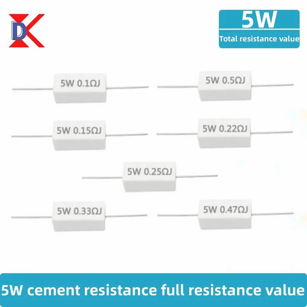10Pcs 5W Ceramic Cement Resistor 5% In A Pack 0.1R 0.22 0.33 0.5 Ohm 6.8K 0.25R 0.5R 3R 27R 12R 100R Non-inductive Resistors