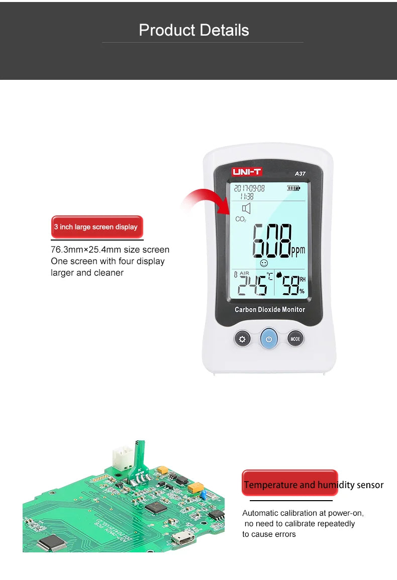 UNI-T Air Quality Monitor A37 Digital Carbon Dioxide Detector 400ppm~5000ppm CO2 Meter Detection NDIR Principle Co2 Sensor