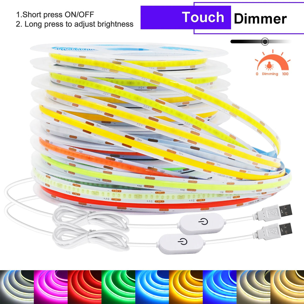 5V Flexible COB LED Strip Light 320LEDs/m White/Red/Blue/Green USB Power with Dimmer/Switch Adhesive Tape Cabinet Room Lighting