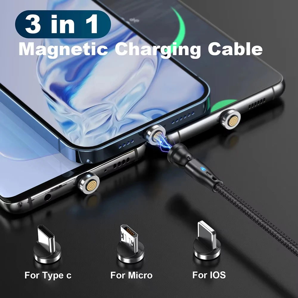 3A Fast Charging Magnetic Cable 540° Rotating USB Type C Micro Data Cable for Samsung Huawei Xiaomi Android Phone Charger Wire