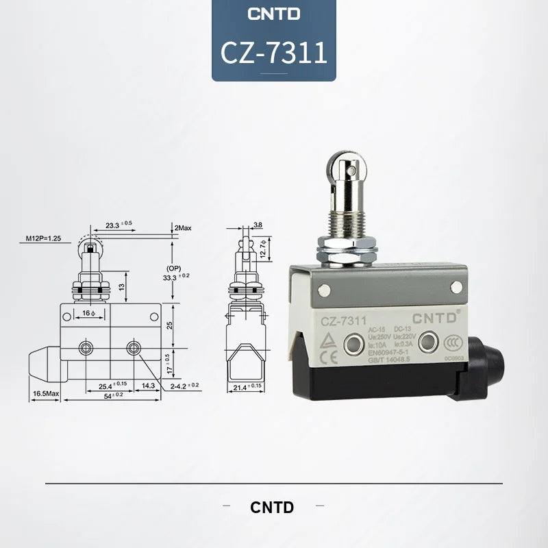 CNTD CZ-7311 IP64 Waterproof Heavy Duty Mini Horizontal Limit Switch Panel Mount Roller Plunger Self Reset 10A 380V