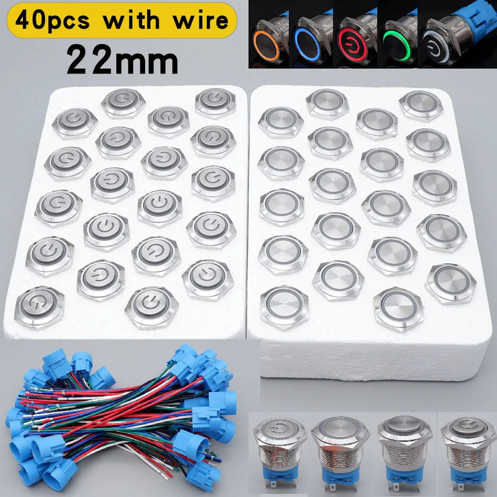 40pcs 22mm Push Button Switch Latching Momentary Metal PC Power LED Light On Off with Wire Waterproof 12v 3v 5v 6v 24v 220v Red