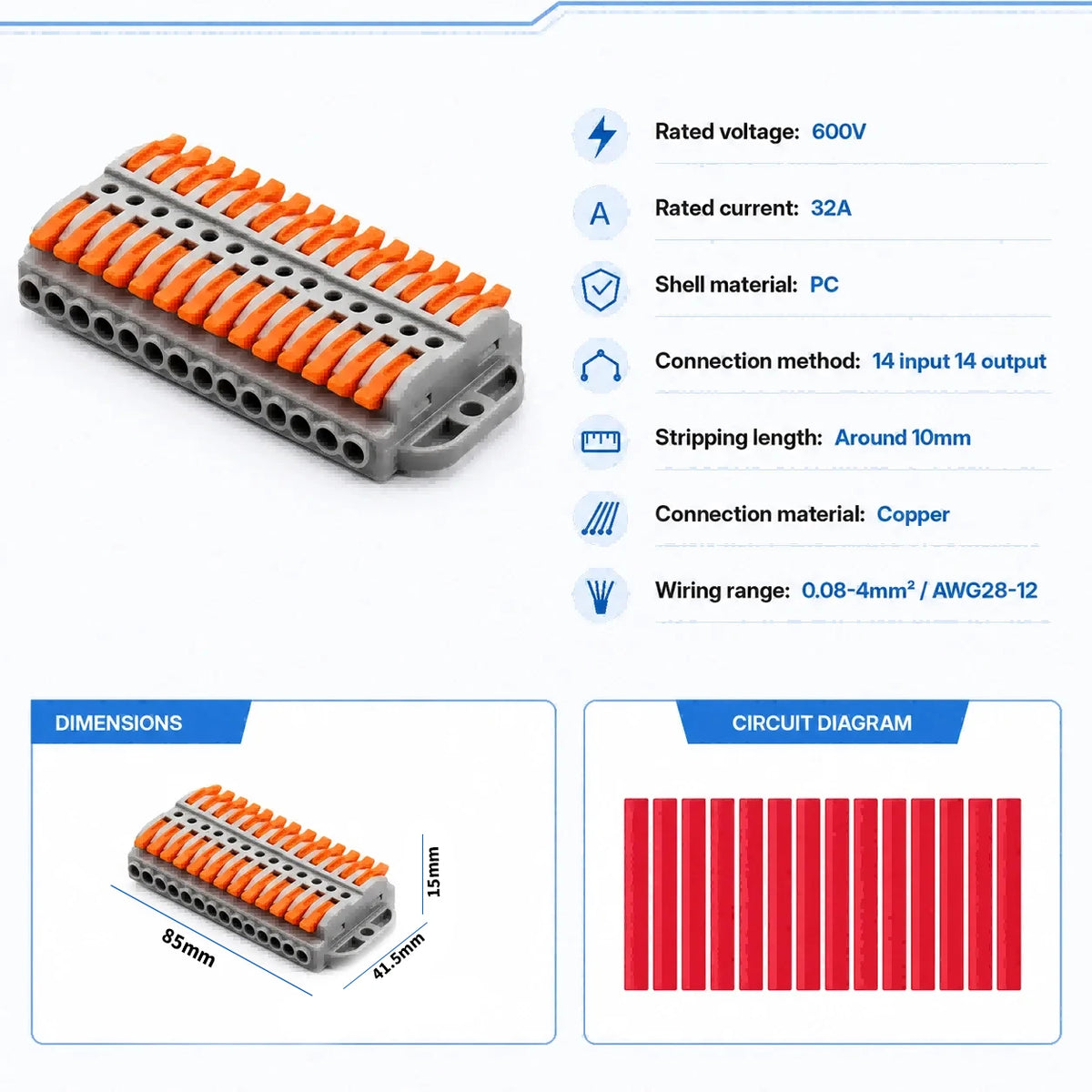 2P-30P Lever Electrical Wire Connector Terminal Block Electrical Cable Connectors Wire Terminals 1 In 1 Out Screw Mount 600V 32A
