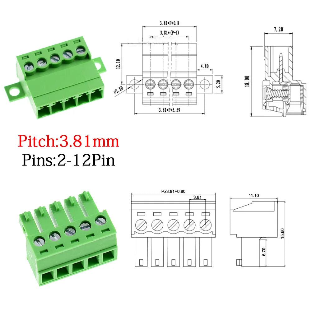 1Sets Solderless Docking Type 15EDG 3.81MM Screw Terminal Block Connector PCB plug-in type 15EDGRKC 3.81 Green Terminal Block