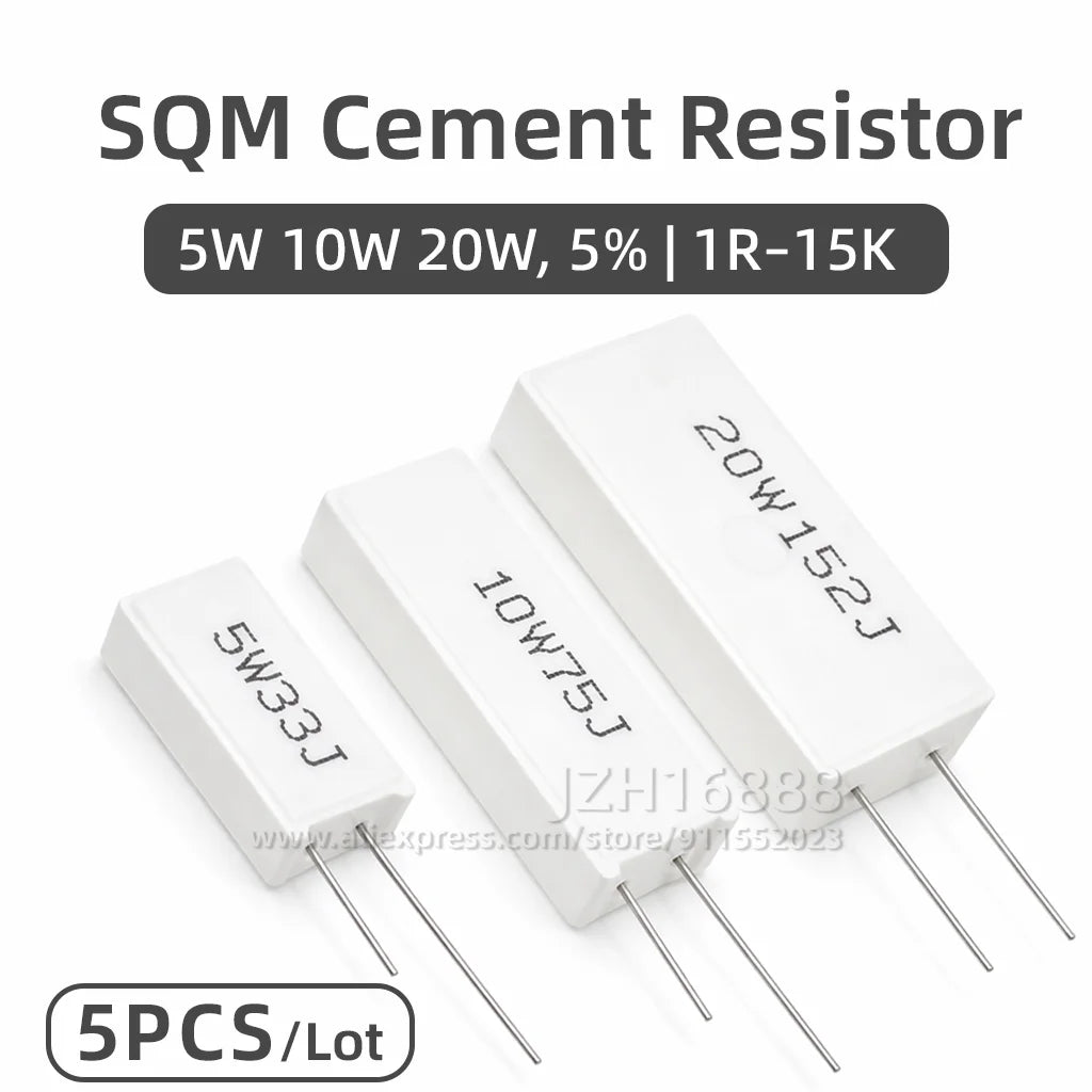 5PCS/5W 10W 20W Cement Resistor Power Resistance 0.110K 0.1R 0.5R 1R 10R 50R 0.22 0.33 0.5 2 5 8 10 15 20 25 30 100 150 1K