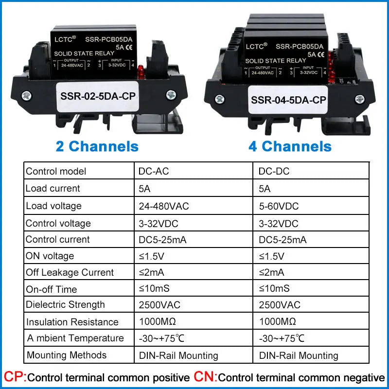 LCTC Solid State Relay Module 2 Or 4 Channels Relay DC TO AC DC TO DC 5A Common Positive Common Negative SSR DIN Mounted Relay