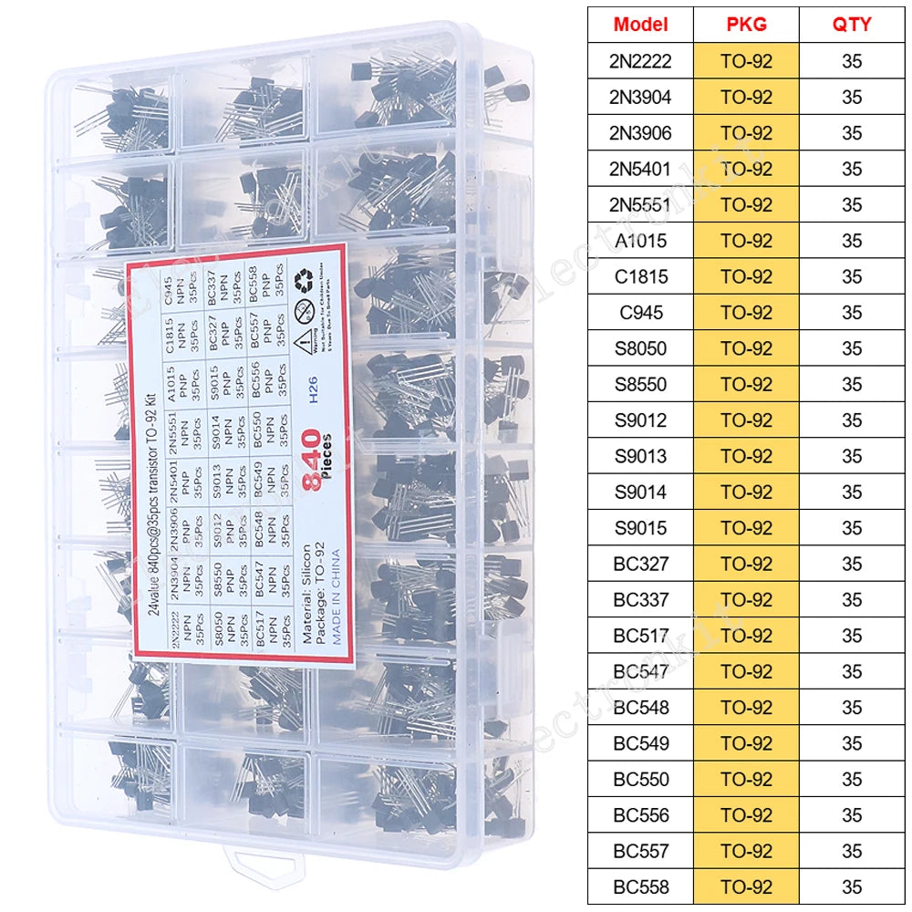 SOP-23 SOP-223 TO-252 TO-92 TO-92L TO-126 TO-220 Mosfet Triode Thyristor Voltage Regulator PNP/NPN Transistor Assortment Kit