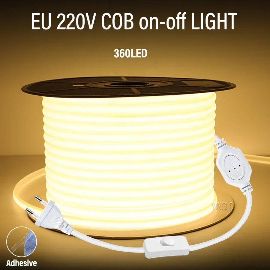 1M-50M 220V COB LED Strip Dimmable 360LEDs/m EU Plug Kitchen Home Room Decoration Flexible Ribbon for Outdoor Garden Lighting