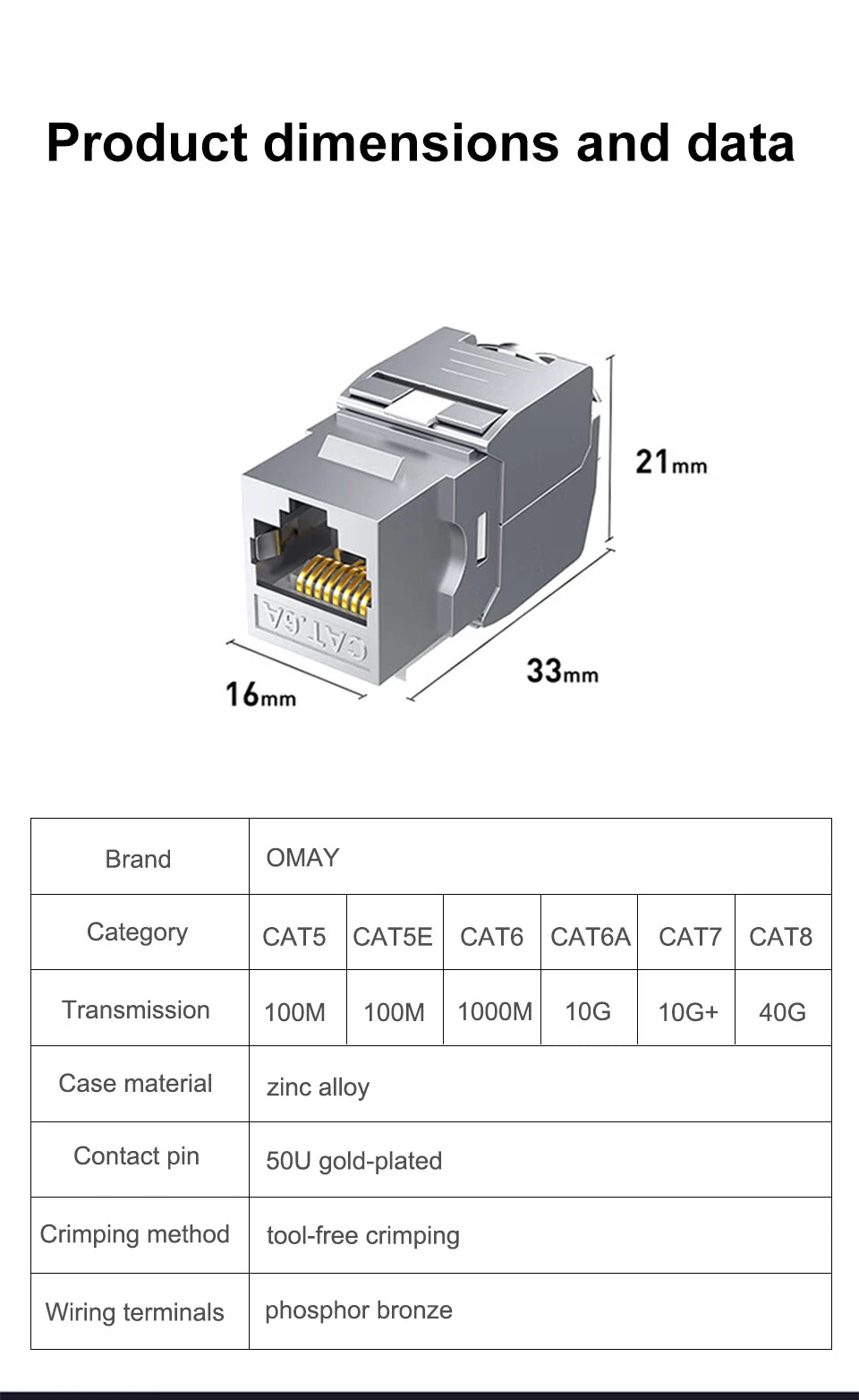 RJ45 Keystone Jack Module CAT8 Cat7 CAT6A Tool-Less STP Shielded Self-Locking CAT6 CAT5E Zinc Alloy Network Coupler Adapter