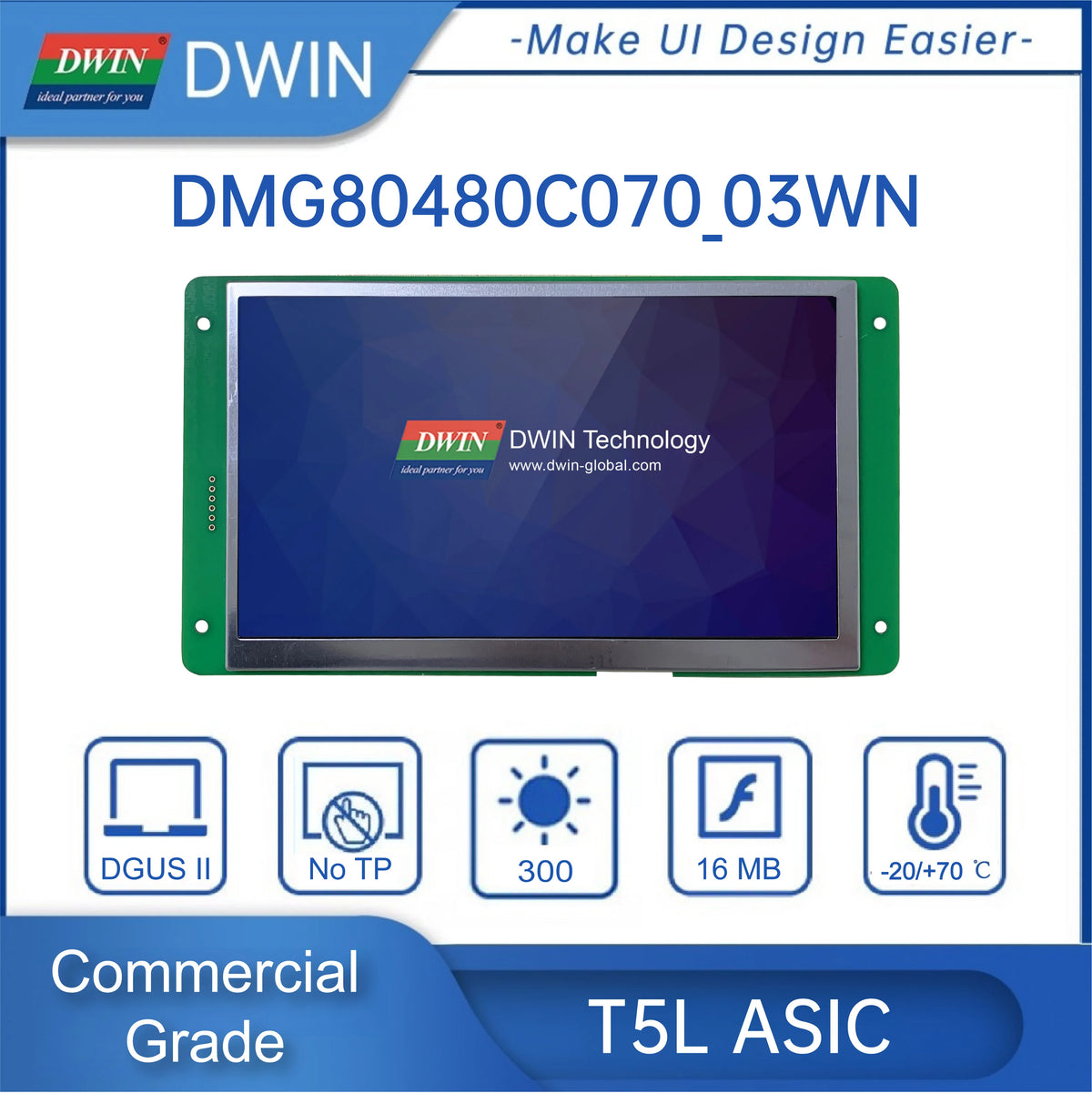 DWIN 7 Inch 800*480 HMI Intelligent TN TFT LCD Display Module UART Commercial Grade Capacitive Touch Screen DMG80480C070_03W