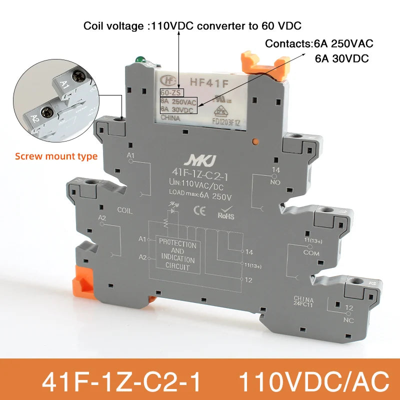 Din Rail Slim Relay Module 41F-1Z-C4-1 Integrated PCB Mount Power Relay With Relay Holder  Relay Socket 6.2mm