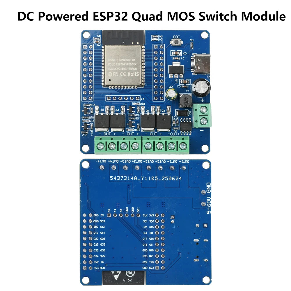 DC 5-60V 2/4 Way Mos Switch Module On-Board Esp32-32E Module Wifi Bluetooth ESP Development Board Type C