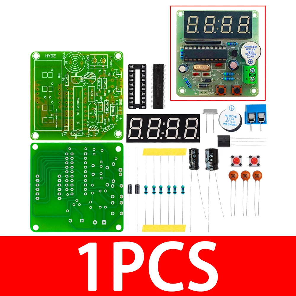 ‌AT89C2051-24PU 8051 Microcontroller LED Clock Kit – 4-Digit 7-Segment DIY Soldering Project with DS1307 RTC (I²C) | Alarm/Timer
