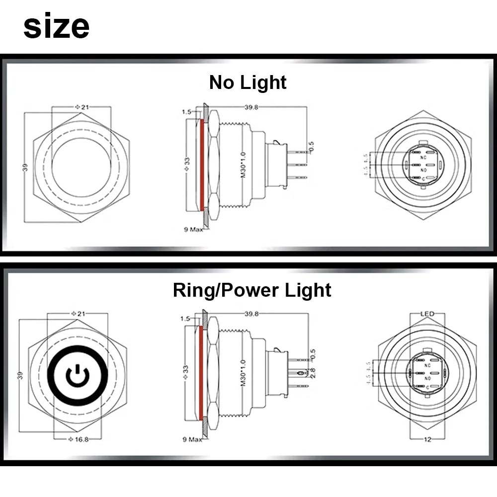 25MM30MM Metal Push Button Switches Power Symbol Waterproof LED Indicator Momentary Latching Start Stop Power On Off Switch