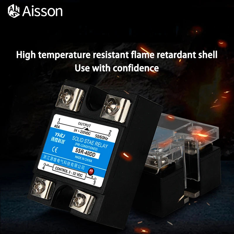 SSR-10DD 25DD 40DD Single Phase DC Controlled DC SSR Solid State Relay With Plastic Dust Cover Heat Sink 220V 10A 25A 40A