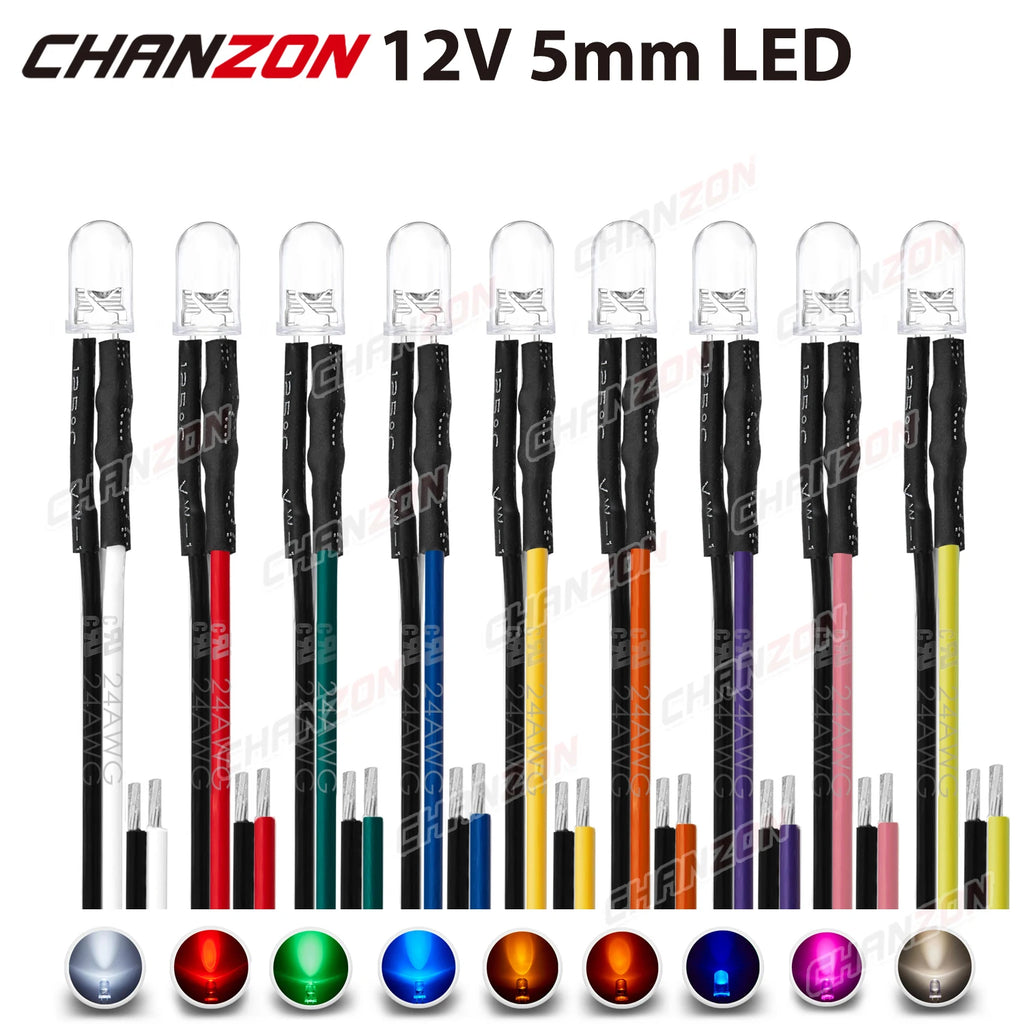 12V 5mm LED Diode Kit Warm White Red Green Blue Yellow Orange UV Purple Pink Prewired 5 9 12 V Light Emitting Indicator RC Lamp