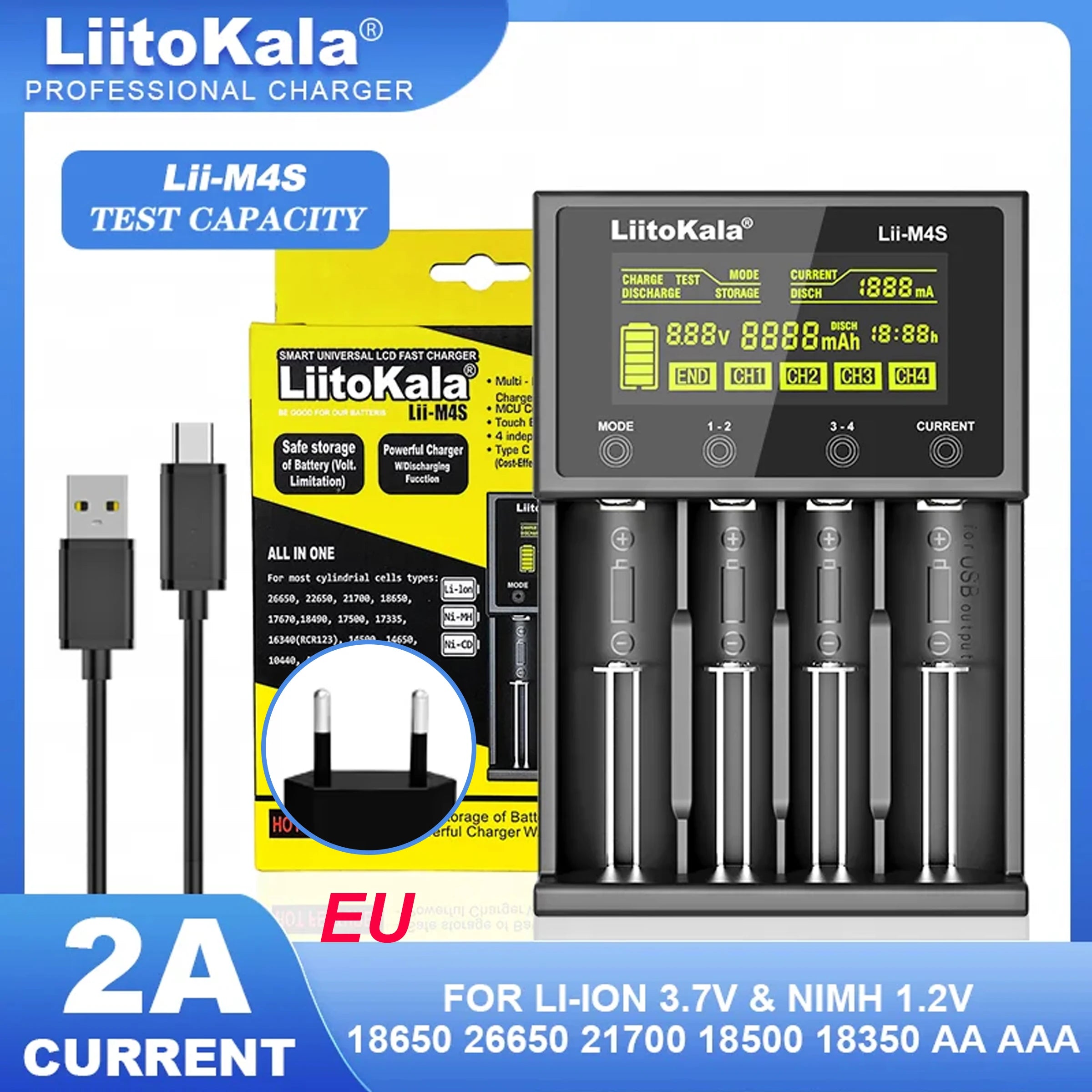 LiitoKala Lii-M4S 5V EU AU UK US Plug Battery Charger For 3.7V 18650 26650 21700 14500 18350 17500 1.2V AA AAA A C