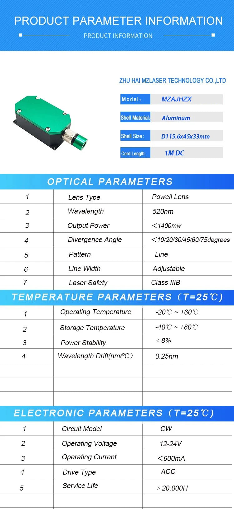 High Brightness CW Green Line Laser Diode Module Adjustable Focus 520nm 1400mW 1.4W Powell Lens Long Life Industrial Laser