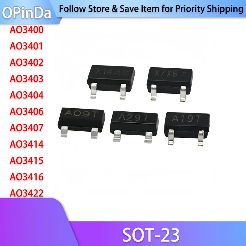 AO3400/3401/3402/3403/3404/3406/3407/3415/ P-Channel SMD MOSFET, SOT-23  Marking Code A09T/A19T/A29T 20/50/100/200/500/1000pcs