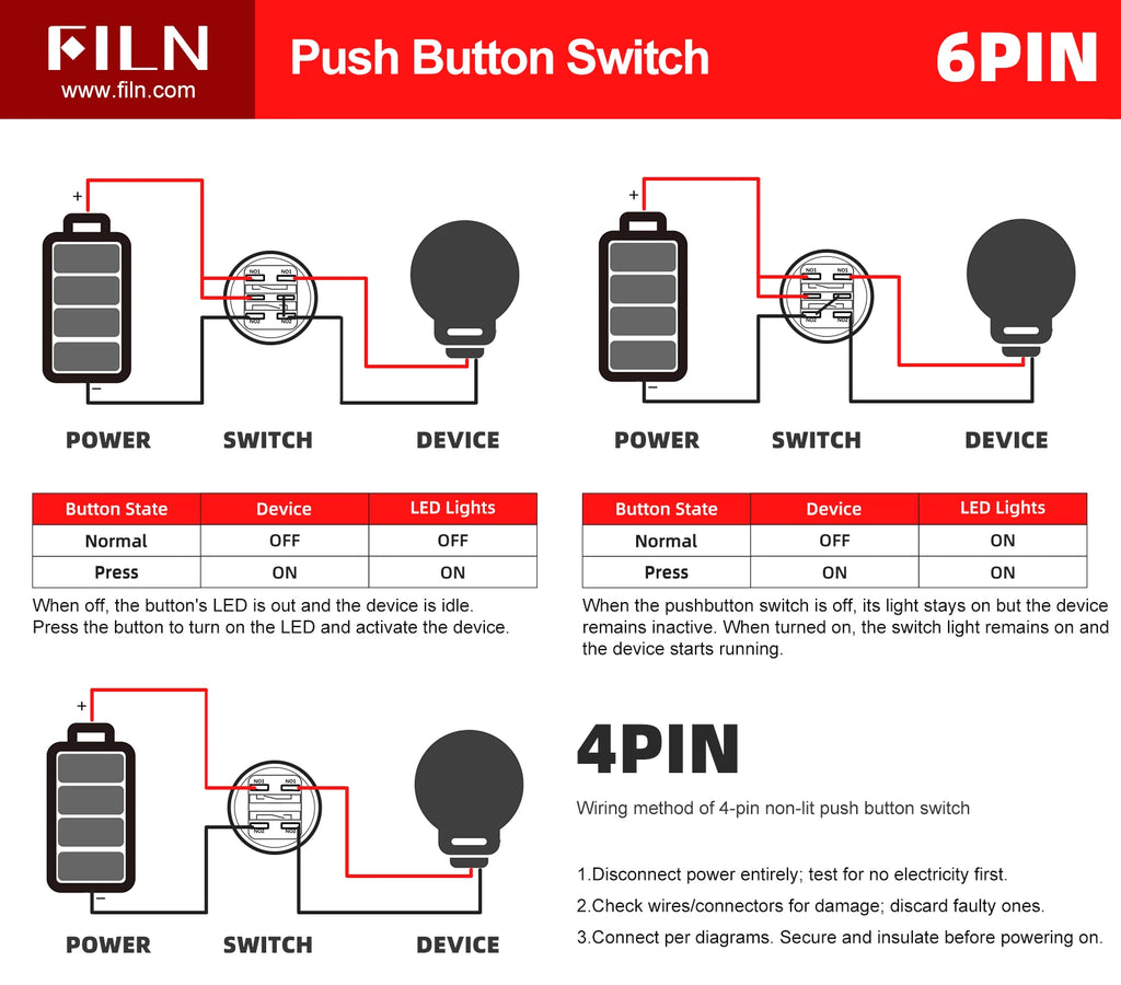 FILN 22mm 20A Stainless Steel Push Button Switch Waterproof IP66 High Current 12V/24V/110V/220V Auto Marine Industrial Control