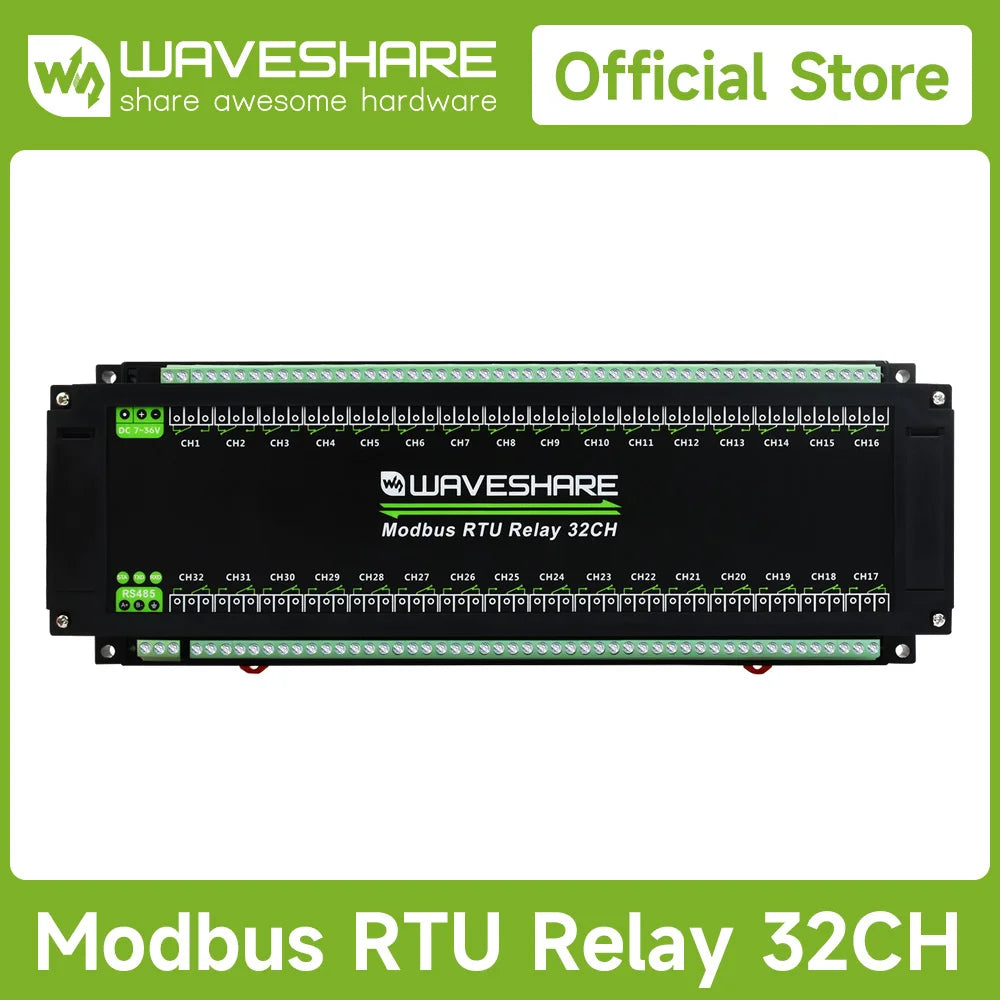 Waveshare Modbus RTU 32-Ch Relay Module, RS485 Interface, With Multiple Isolation Protection Circuits