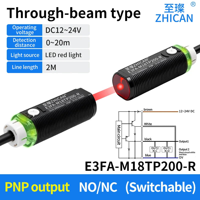 ZHICAN E3FA M18 Cylindrical Photoelectric Sensor Long Range Diffuse Reflective Through Beam Retro Reflective NPN PNP