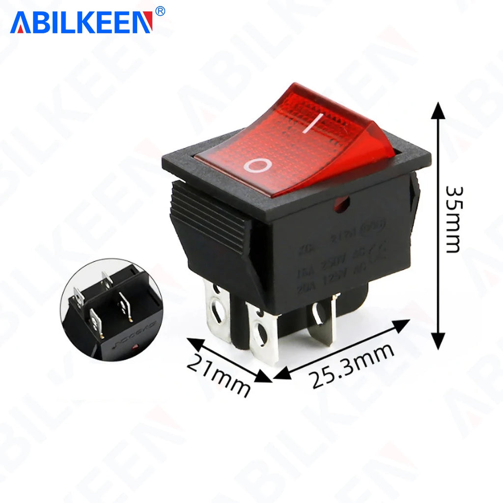 50PCS/Lot ABILKEEN KCD2-201N Rocker Toggle Switch 30A/15A 250VAC ON-OFF Mini Toggle Switch with LED Light 4Pin Terminal