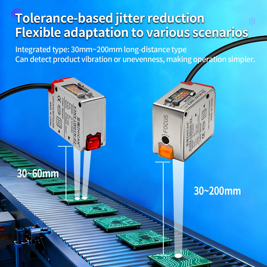 ZHICAN E3NX-L Color Mark Sensor 30-200mm Adjustable Sensing Distance High Precision Registration Detection Label Positioning