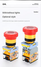 Emergency Stop Push Button Switch with Light 22mm Button Mushroom Head Self Locking Latching Power Switch Knob Switch Red AC220V