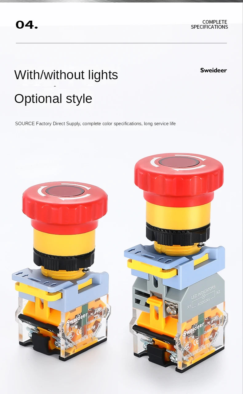 Emergency Stop Push Button Switch with Light 22mm Button Mushroom Head Self Locking Latching Power Switch Knob Switch Red AC220V