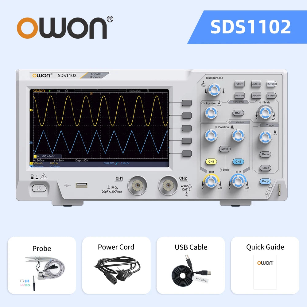 OWON SDS1102 100MHz 2 Channel Digital Oscilloscope 1GSa/s Real Time Sampling Support SCPI Command LabVIEW Secondary Development
