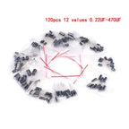 120pcs Electrolytic Capacitor  Aluminum Electrolytic Capacitor Kit 12 Values 1uF-470uF DIP Electrolyte Capacitors