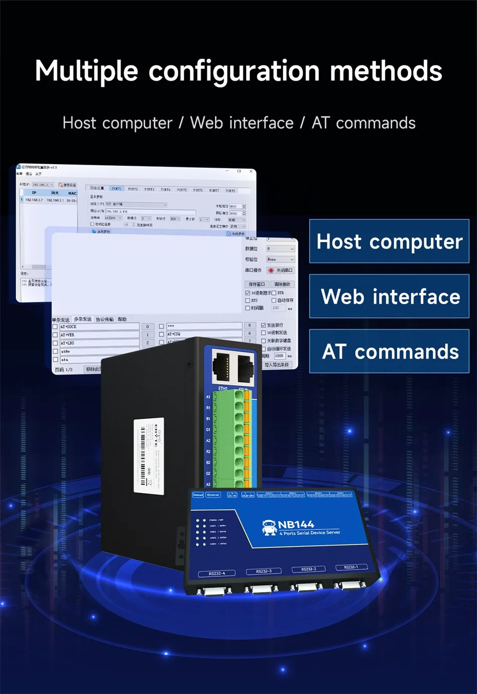 4 Channel Serial Server RS485 RS232 RS422 to Ethernet CDSENET NB144-V2 Series TCP UDP MQTT HTTP Modbus Storage Gateway Watchdog