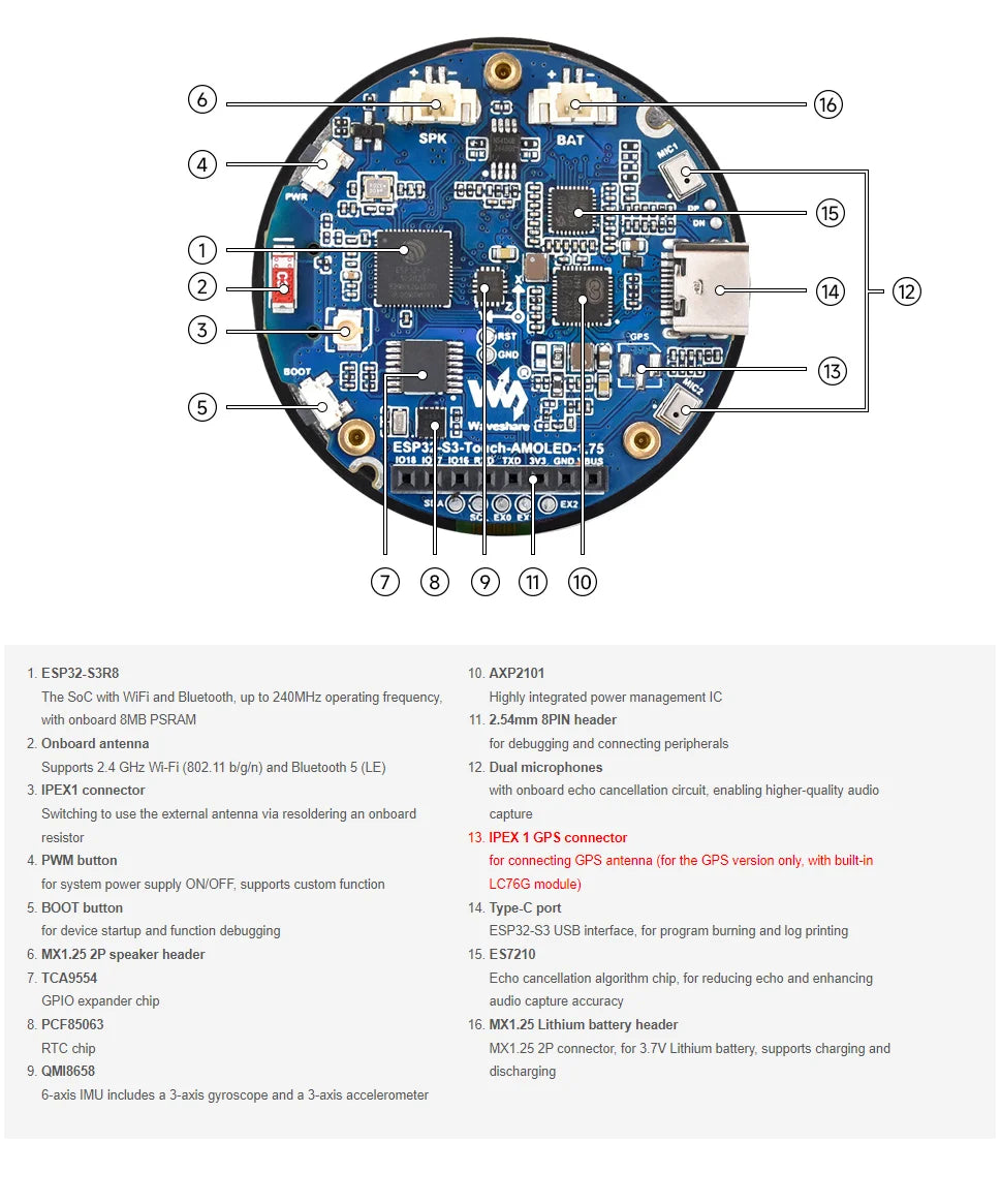 ESP32-S3 1.75inch AMOLED Round Touch Display Development Board 6-axis sensor Xiaozhi AI Deepseek Optional with Case or with GPS