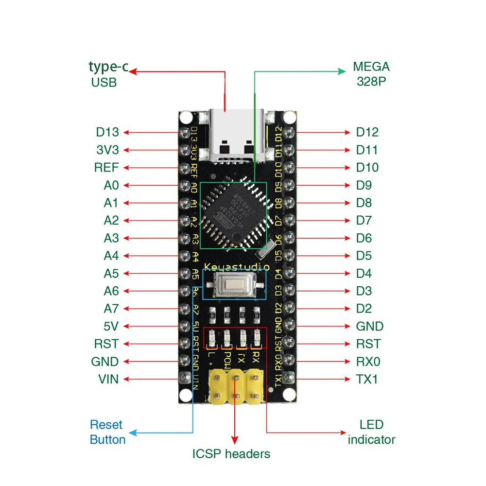 Keyestudio16MHz ATMEGA328P CH340 NANO Development Board With Bootloader+USBCable Compatible with Arduino NANO DIY Electronic Kit