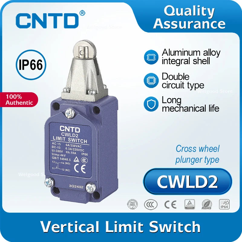 CNTD All new upgrade CWLD2 Vertical Limit Switch 10A 380VAC IP66 DPDT Za Double-Break Horizontal Roller Plunger Industrial