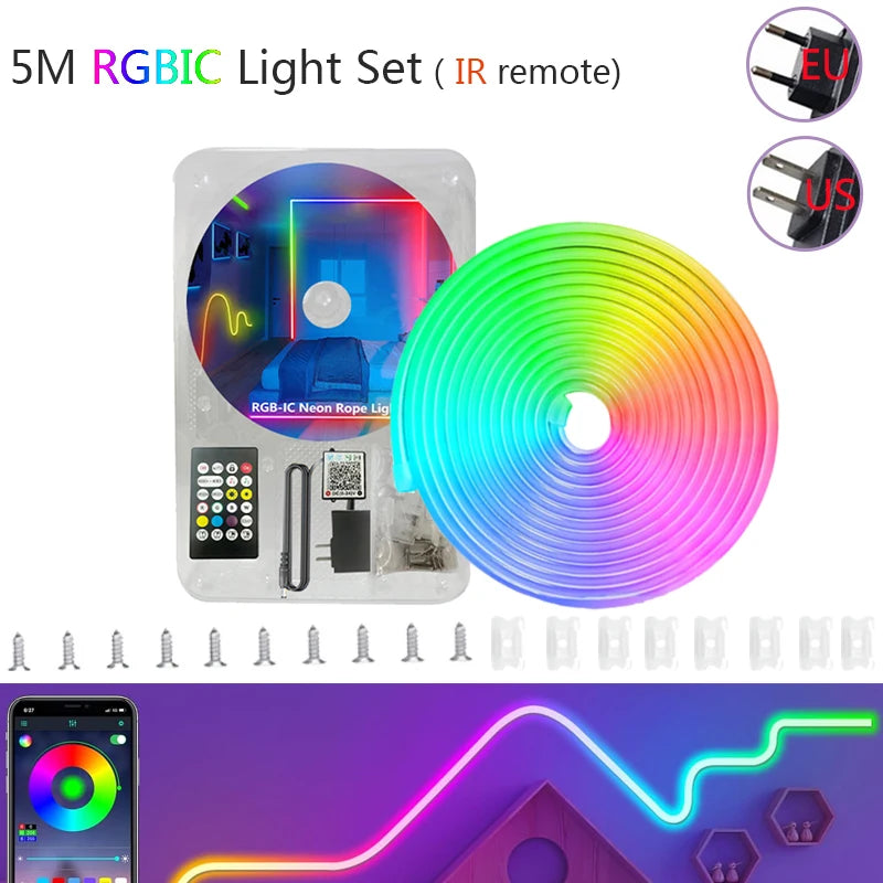 Neon Rope Lights,Flexible Led Rope Lights Control with App/Remote,Multiple Modes Rope Lights,IP65 Outdoor RGB-IC Led Neon Lights