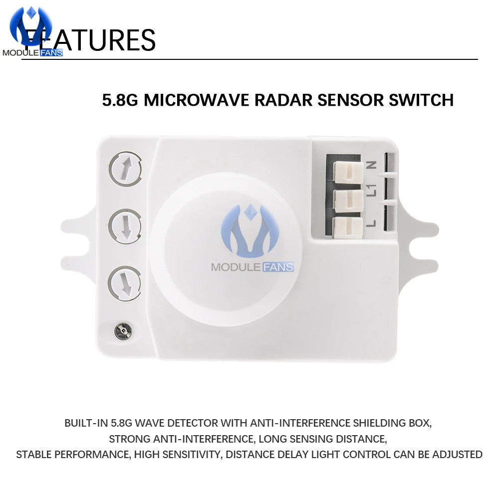 AC 220V 5.8GHz Microwave Radar Sensor Switch Human Body Motion Induction Sensor for LED Light Sensors Switches