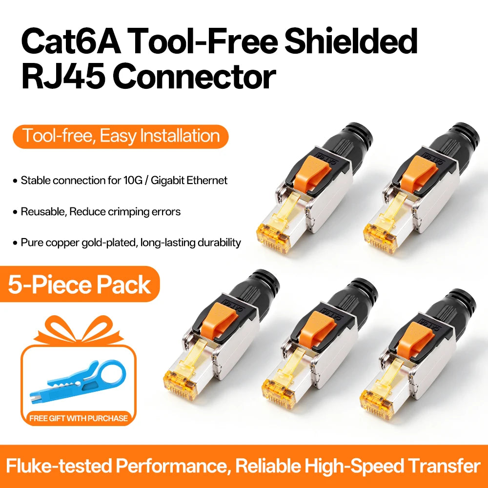 BYXGD CAT6A Tool‑Free Shielded RJ45 Connector 10Gbps 500MHz Reusable STP Ethernet Plug No Crimp Tool for 22‑26AWG Network Cable