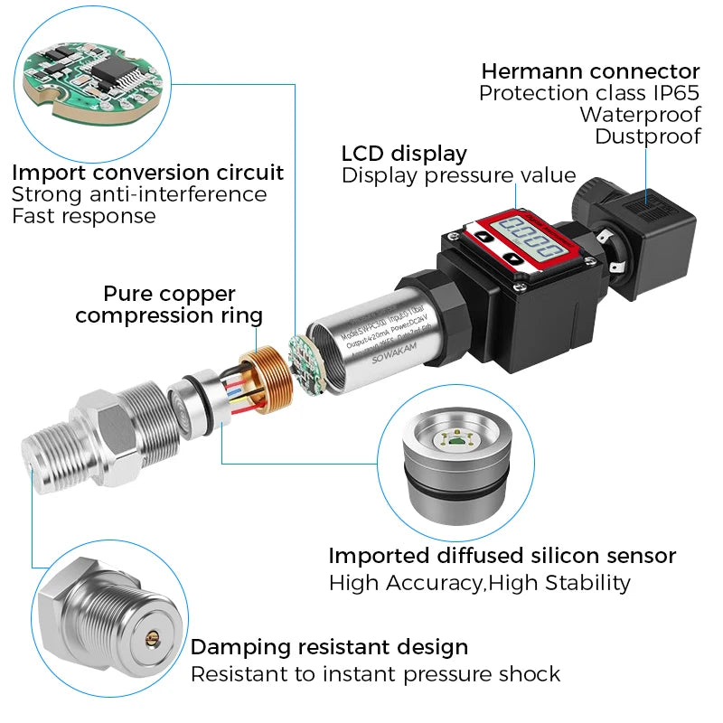 LCD Display Pressure Transmitter 4-20mA 0-5V 10V RS485 Output Water Gas Oil Pressur Sensor Negative Vacuum Pressure Transducer