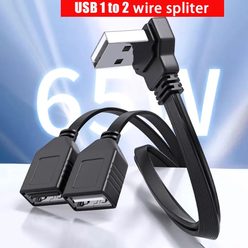 65W USB 1 to 2 Fast Charging Elbow Computer Extension Cord Flat Data Cable Mobile Phone Car Expander Carplay Splitter 10/20cm