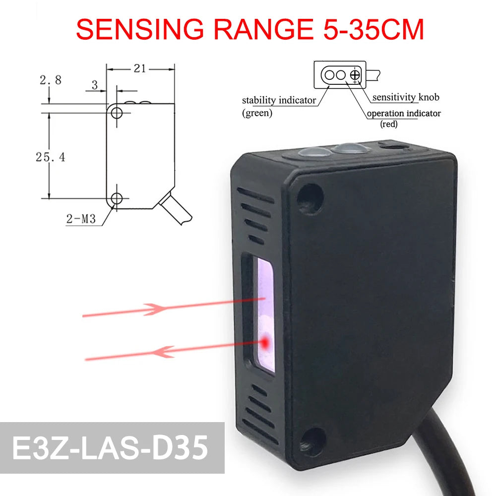 Square Laser Sensor 35cm Adjustable NPN PNP Mirror Lens Diffuse Optical Infrared Photo Cell Proximity Switches E3Z-LAS