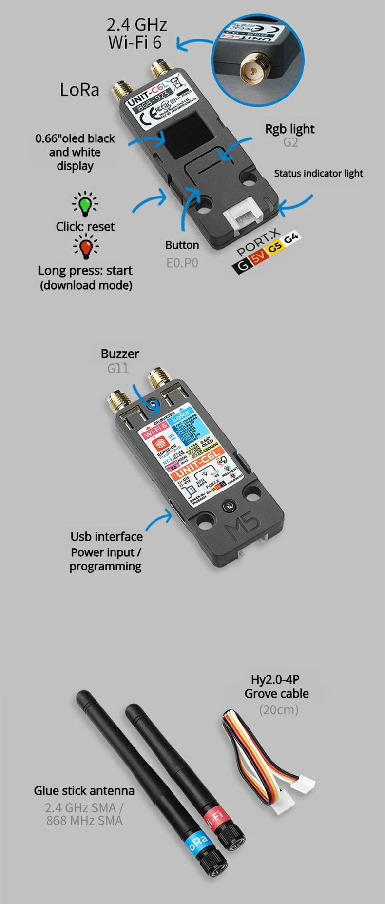 M5Stack Unit C6L LoRa Communication Unit ESP32-C6 Wi-Fi 6 & SX1262 868-923MHz Supports Meshtastic with OLED for IoT
