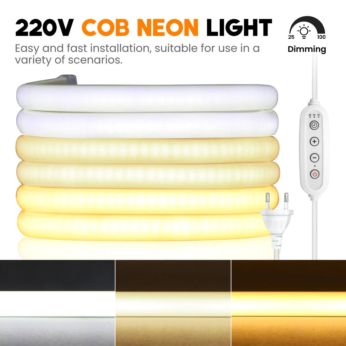 Dimmable Switch 220V COB LED Strip Neon Light Dimmer Power Kit Waterproof 3000K 4000K 6000K 288LED Kitchen Room Decor Flex Lamp