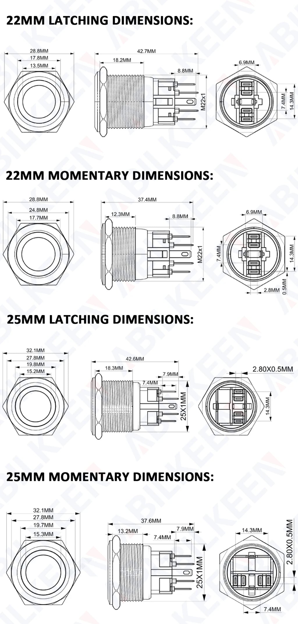 ABILKEEN 22/25MM 1NO1NC/2NO2NC Metal Push Button Switch IP65 Waterproof Momentary/Latching Push Button with LED Ring Light